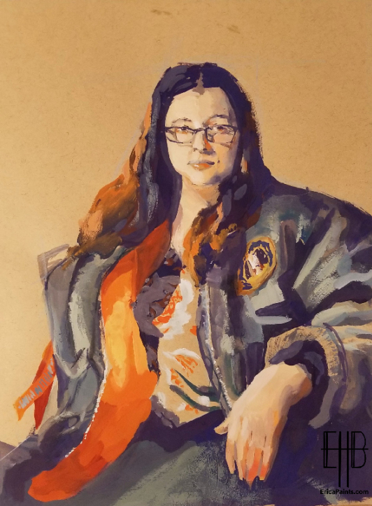 Watercolor gouache portrait of Erica H Bottger , Erica Bottger self portrait . Illustrator for hire . Artist for hire, RVA art , Painter